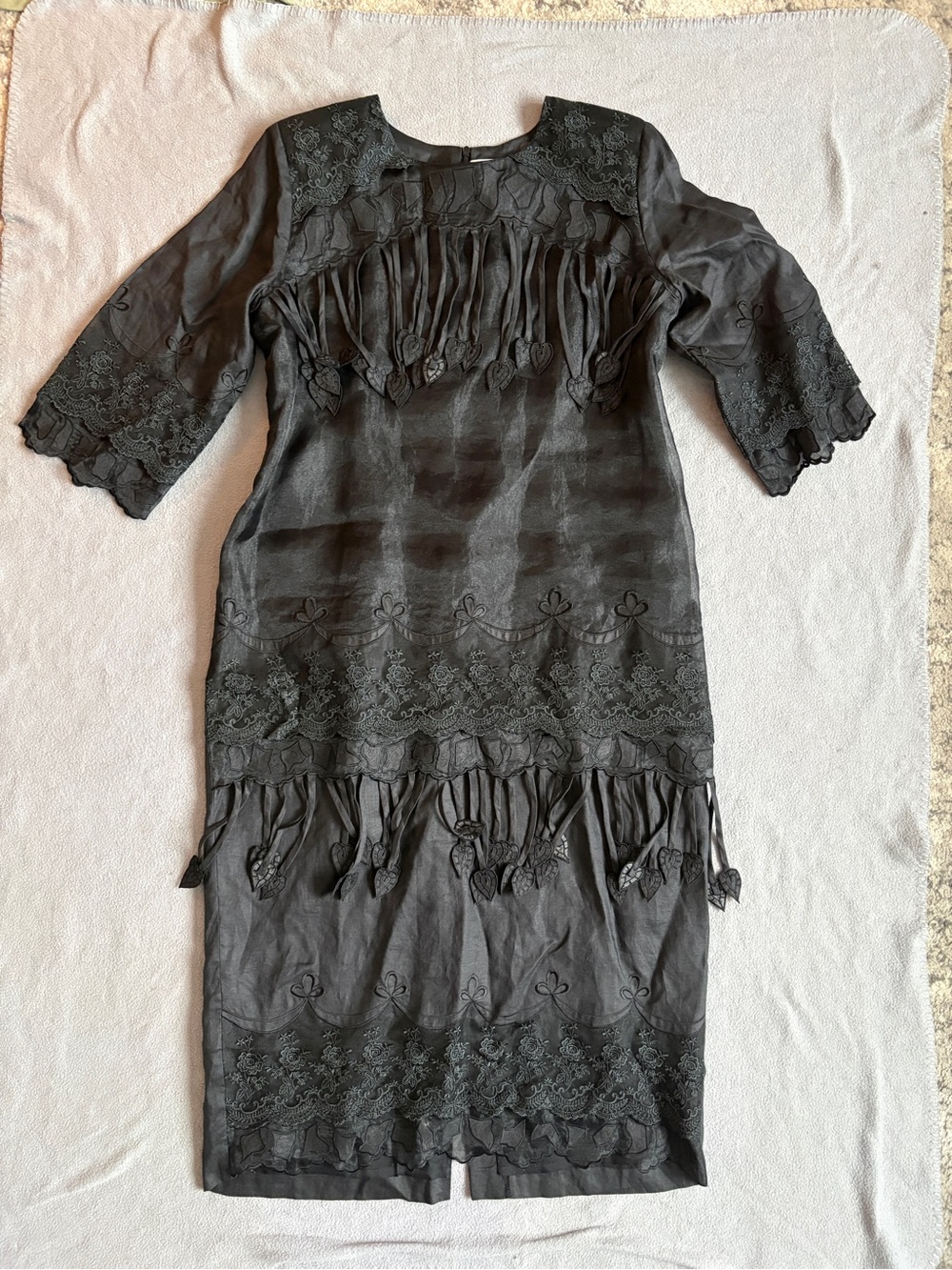 Vintage Black Embroidered Tassel Midi Dress